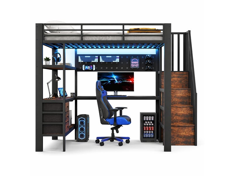 Lit mezzanine 140x200 cm noir en métal et mdf avec bureau, rangements et led - Conforama A