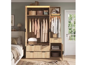 Ensemble dressing d'entrée modenvie avec miroir et éclairage led, 135 x 47 x 200 cm, 2 tringles, 5 tiroirs, mdf, chêne et anthracite