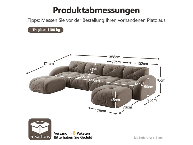  Canapé d'angle, canapé modulable : sans montage, sans cadre, base antidérapante, taupe, 4 places, en tissu, forme u  - Conforama D