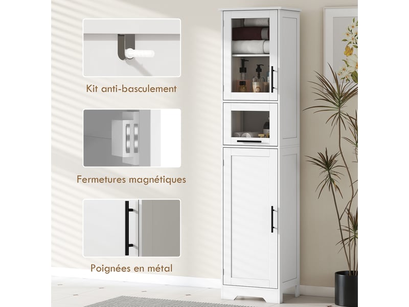  Meuble colonne salle de bain, meuble de rangement avec tiroir, 2 portes et étagère réglable, blanc, 40 x 31 x 170 cm  - Conforama R
