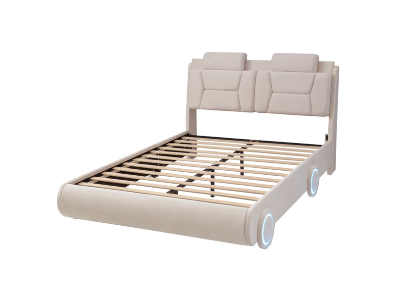  Lit enfant lit voiture 140x200 cm beige tissu  - Conforama E