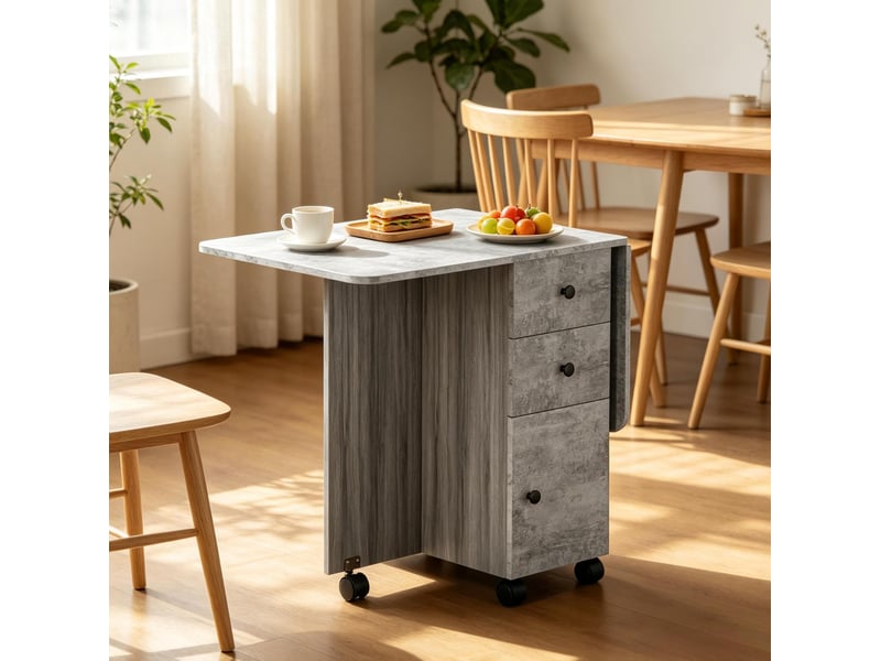  Table à manger pliante avec tiroirs et roulettes, extensible 120 x 60 cm, grise  - Conforama D