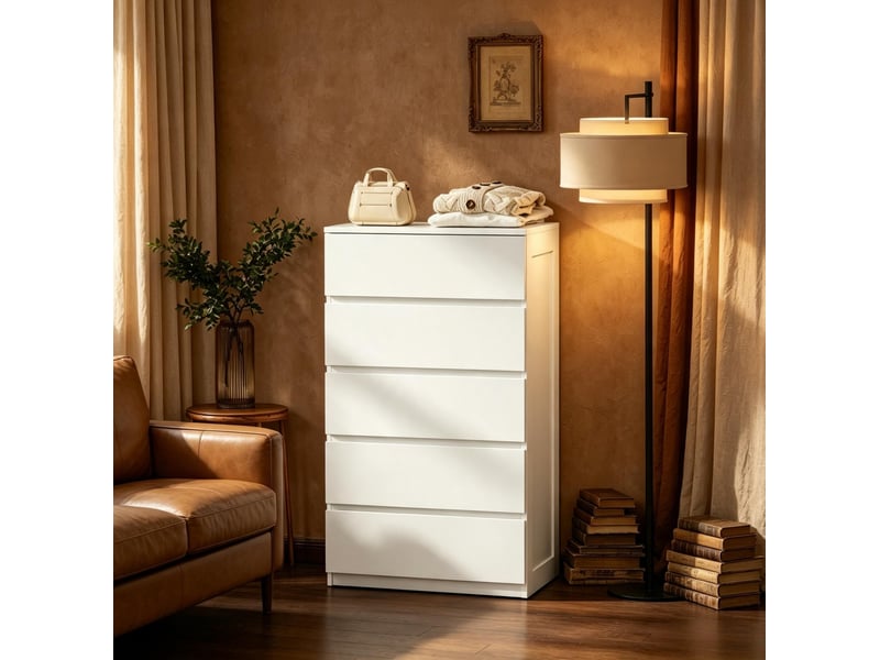  Commode moderne 60x39x100 cm avec 5 tiroirs, panneau de particules, finition lisse et brillante, blanc  - Conforama B