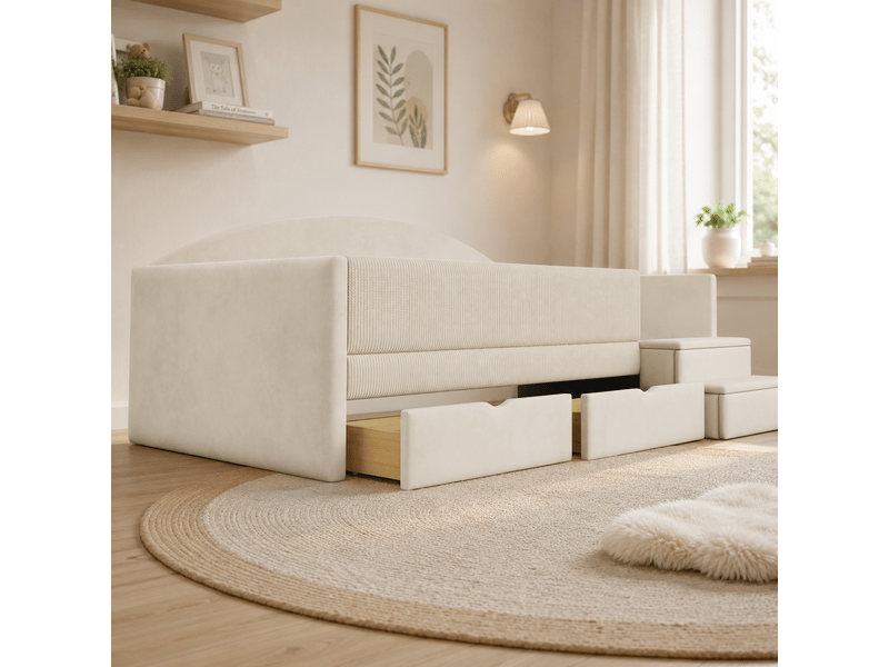  Lit enfant 90x190 cm avec 2 tiroirs et marches en velours beige  - Conforama D