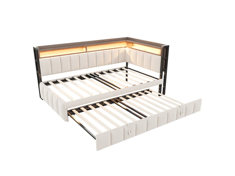  Lit banquette enfant 90 x 200 cm avec lit gigogne 90 x 190 cm, led, usb-c et rangements, velours, beige Fay Lum - Conforama A