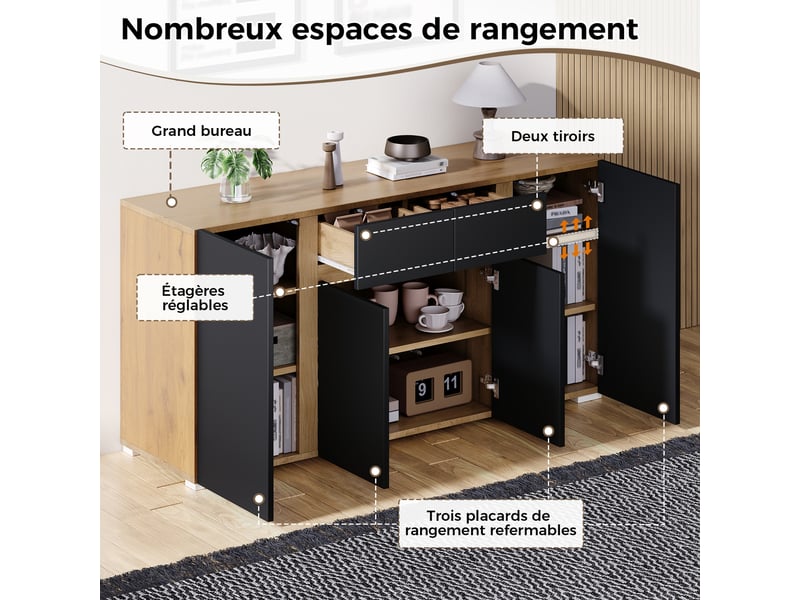  Buffet 140 x 35 x 70 cm, 4 portes et 2 tiroirs, étagères réglables, mdf noir et effet bois naturel evarich - Conforama D