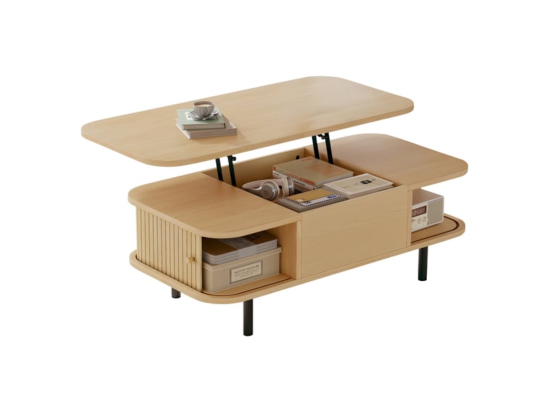  Table basse relevable 101x51x52,5 cm en mdf effet noyer, table basse 2 en 1 avec rangement, plateau réglable en hauteur, 2 portes coulissantes-naturel  - Conforama A