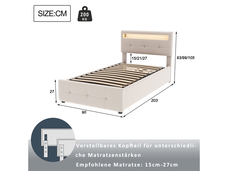  Lit enfant coffre 90x200 cm avec led et tête de lit réglable en velours beige  - Conforama E