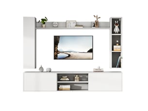 Meuble tv mural et sur pied 4 pièces blanc, avec 3 portes, 2 tiroirs, pour écran jusqu'à 50 pouces