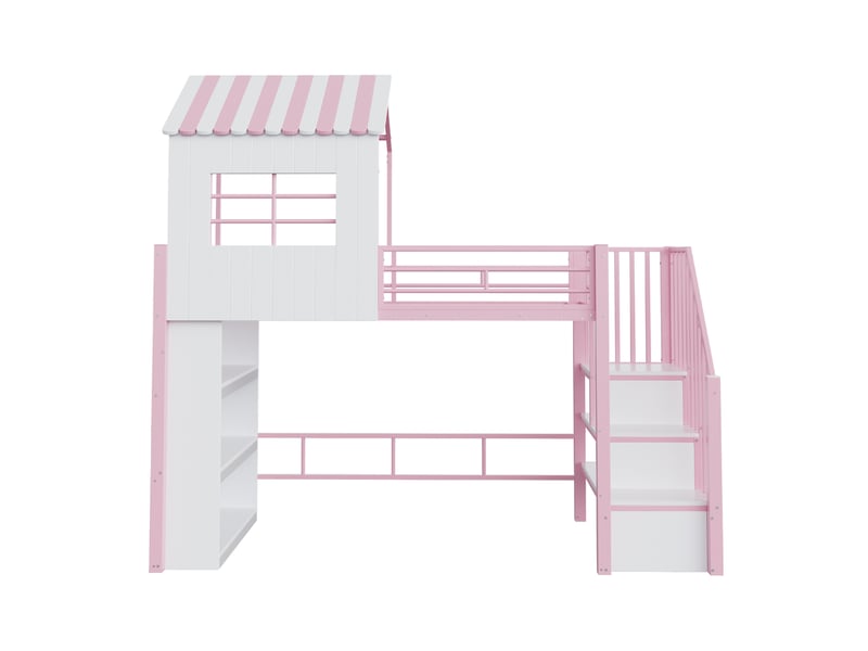  Lit mezzanine enfant 90x200 cm – rose et blanc – escalier réversible avec rangement - sans matelas  - Conforama D