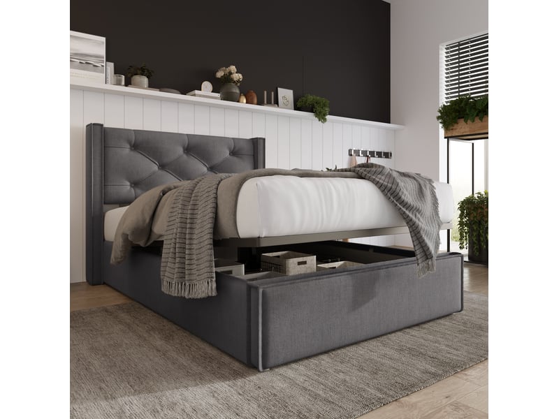  Modenvie lit coffre 90x200 cm - tête de lit capitonnée, matelas inclus - gris  - Conforama E