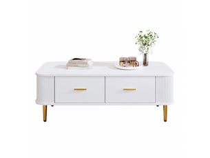 Table basse blanche en mdf avec 4 tiroirs et côtés ondulés, 105 x 51 x 38 cm