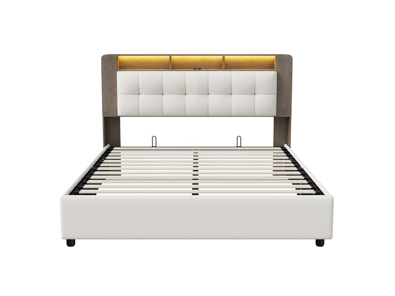  Lit coffre 140x200 cm - lit double 140x200 capitonné avec tête de lit rangements, chargeur sans fil, led et velours - beige  - Conforama A
