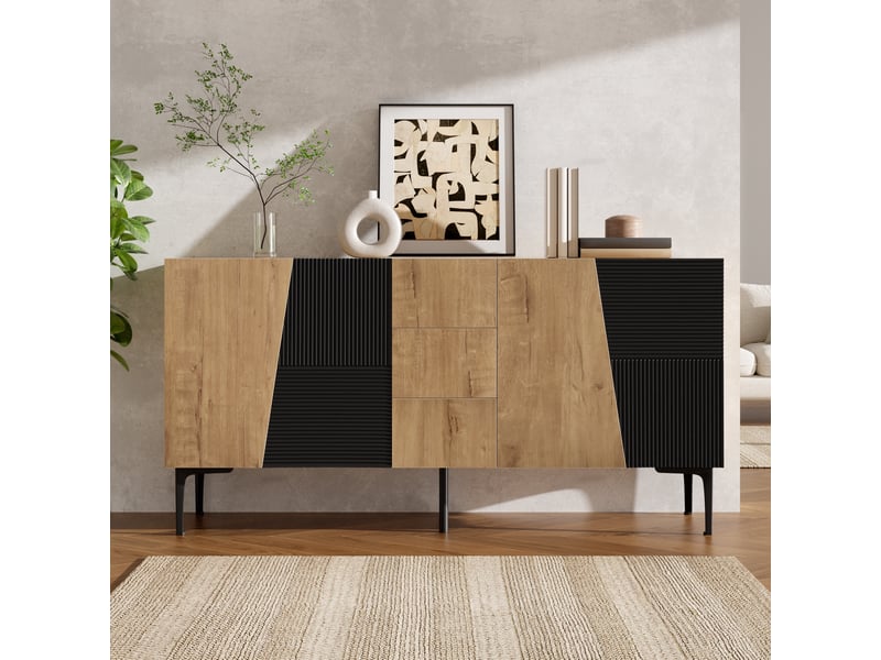 Buffet de cuisine - 160x40x80 cm - sideboard avec 4 portes, 3 tiroirs et pieds en métal - bois et noir - Conforama D
