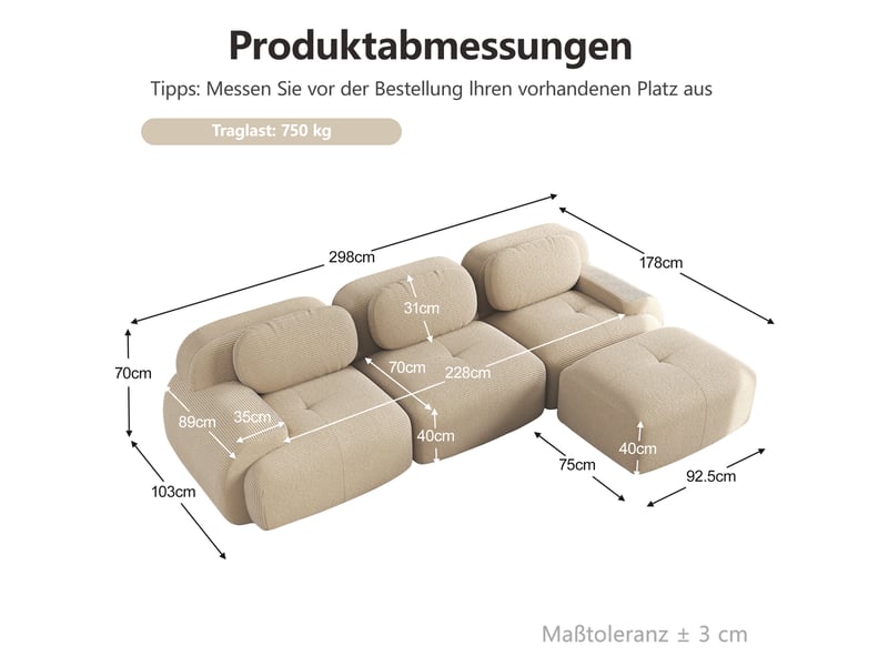  Canapé d'angle modulaire 298x178x70 cm 3 places sans montage velours côtelé beige  - Conforama E