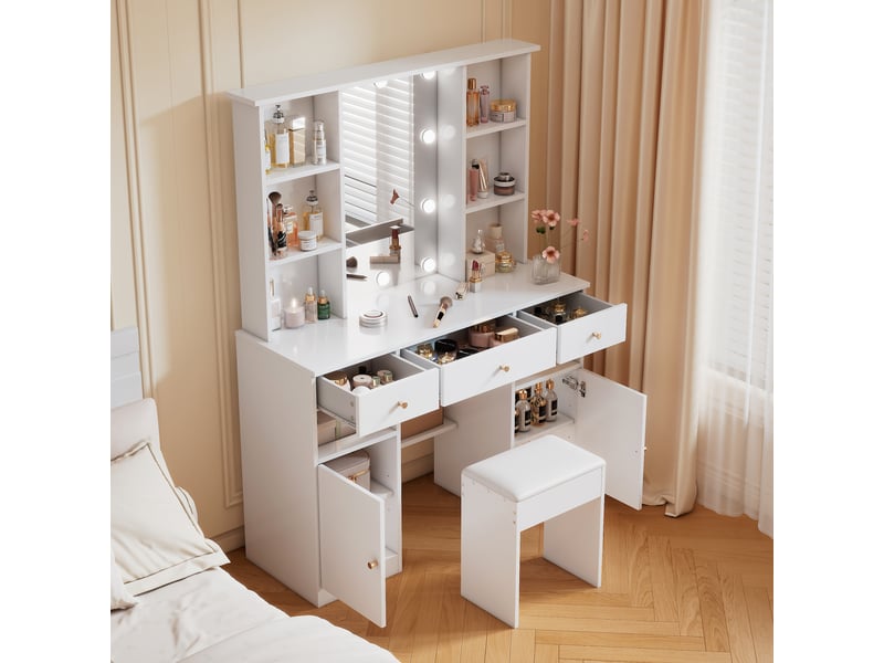  Coiffeuse hollywood avec miroir 46x72 cm et led réglable, rangement, 110x40x151 cm, panneau de particules, blanc  - Conforama B