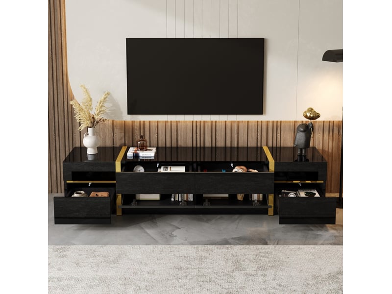  Meuble tv avec 4 tiroirs et 2 portes, rangement pratique, mdf noir brillant avec détails dorés, 180x40x38 cm  - Conforama D