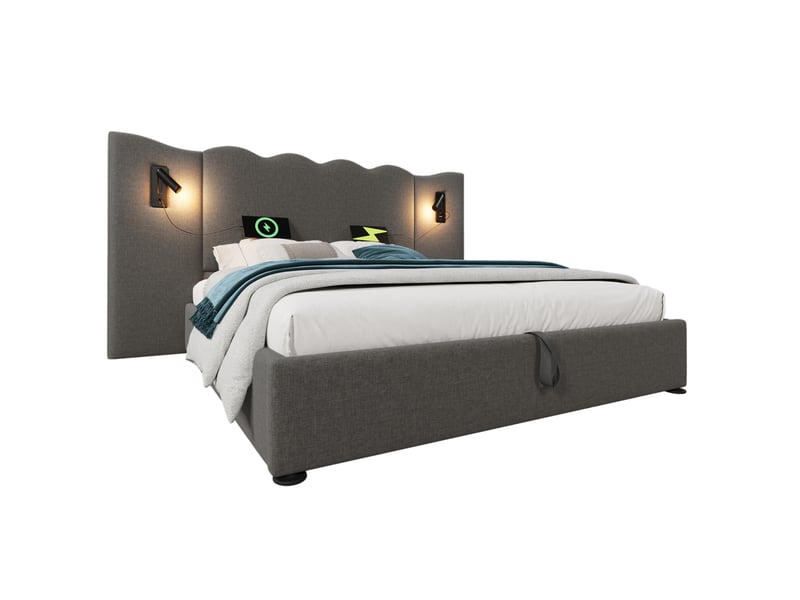  Lit coffre 2 places 180x 200 cm, bois et métal gris sans matelas, doté de lampe de lecture orientable et ports usb-c  - Conforama A
