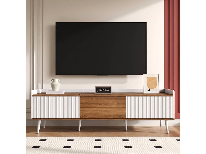  Meuble tv 160 cm avec 3 portes et bords surélevés - mdf et bois naturel - blanc et chêne  - Conforama B
