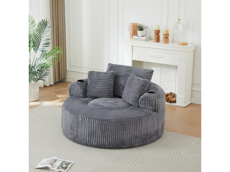  Fauteuil 2 places - 142x142x63 cm - fauteuil poire indépendant en velours côtelé avec 3 coussins et 2 porte-gobelets - gris  - Conforama C