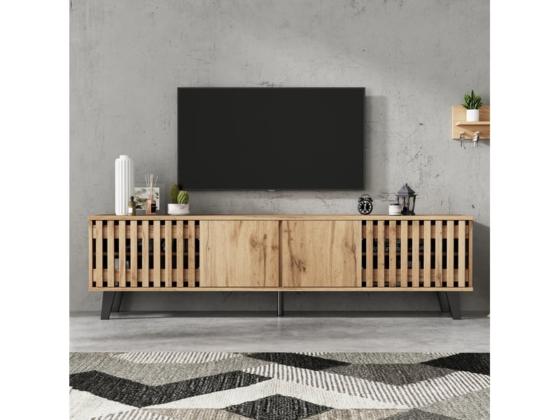  Meuble tv 180 x 40 x 55 cm coloris bois naturel avec 8 compartiments  - Conforama D