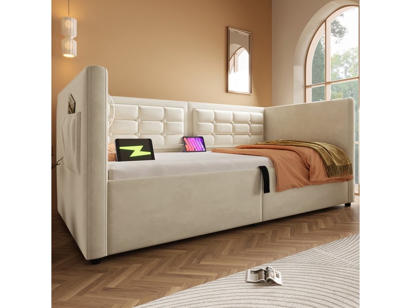  Lit coffre beige 90x200 cm avec sommier relevable à vérins et sans matelas  - Conforama W