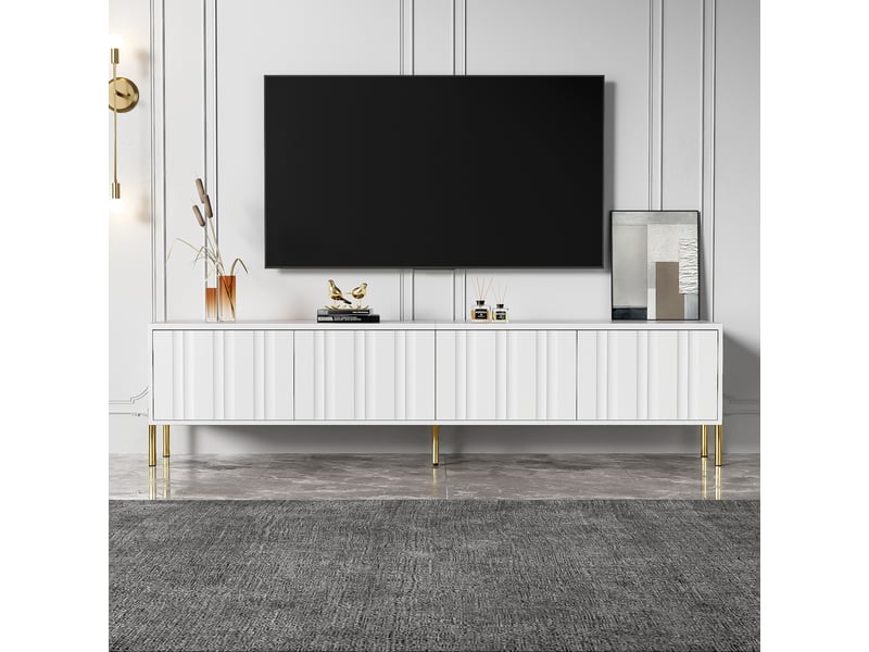  Meuble tv blanc chic moderne 190x38x48 cm - portes cannelées, pieds dorés  - Conforama B