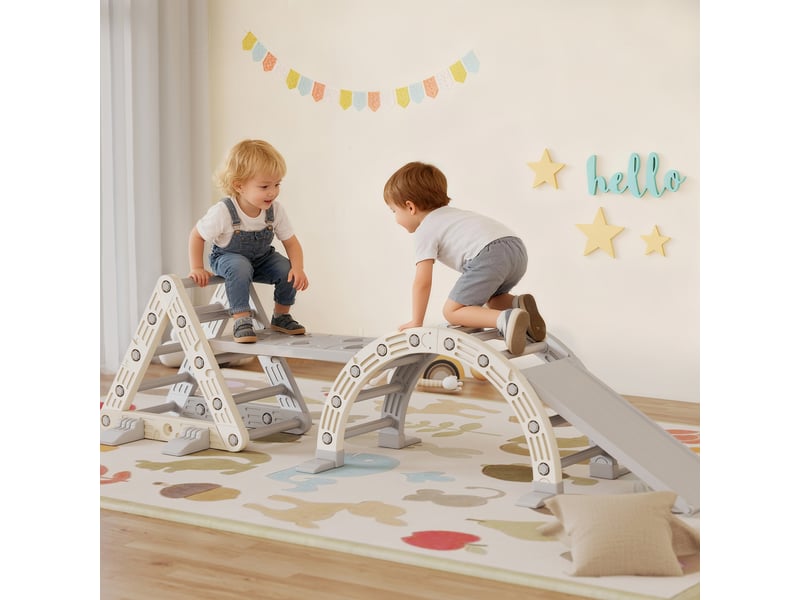  8 en 1 triangle escalade enfants, arc d'escalade, rampe double-face pour grimper &amp; glisser, 279 x 80 x 69 cm, gris  - Conforama B