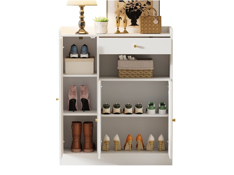  Meuble à chaussures oslo rotin blanc bois 90x35x110 cm, 3 portes, tiroir &amp; étagères réglables  - Conforama B