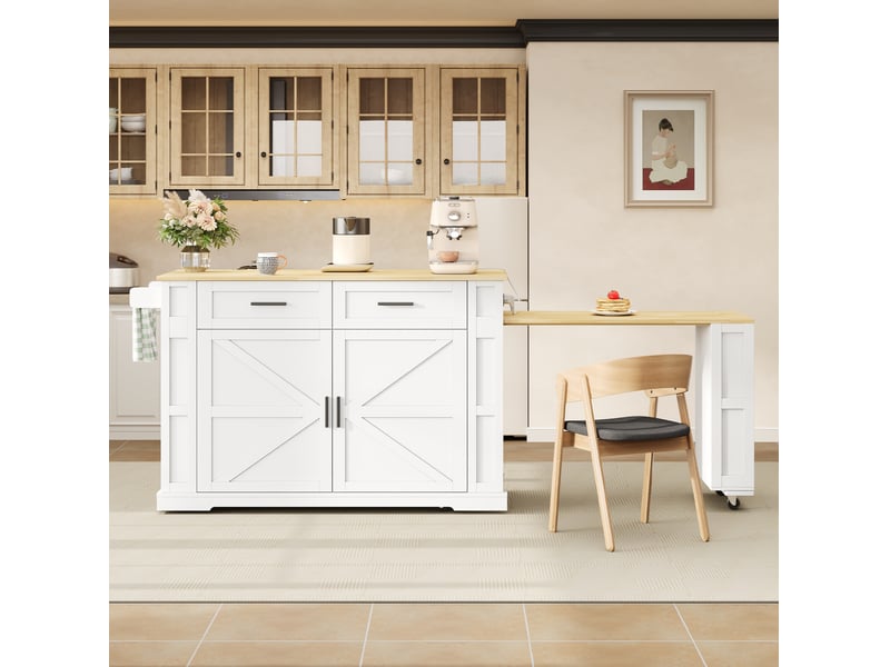 Desserte de cuisine extensible 130-205 x 50 cm, 2 tiroirs, blanc et bois - Conforama D