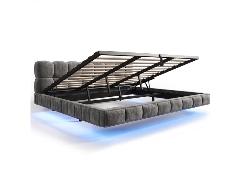 Lit coffre bubble en chenille gris 180x200 cm avec led, usb et type-c Fay Lum - Conforama R