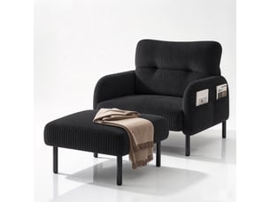 Fauteuil individuel en tissu velours côtelé avec repose-pieds, accoudoirs munis de poches latérales, structure métallique stable
