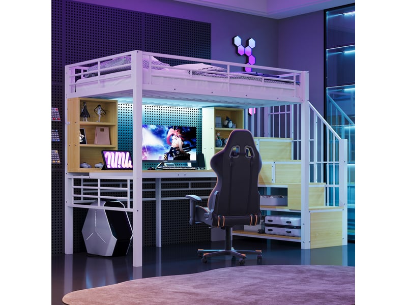  Lit mezzanine enfant 90x200 cm – blanc – bureau intégré, escalier réversible, rangements et led - sans matelas  - Conforama B