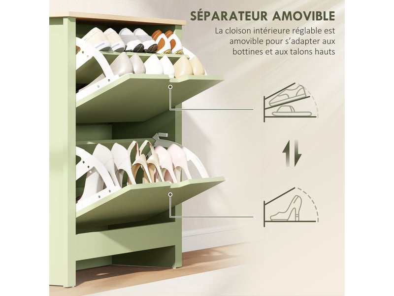 Meuble à chaussures 12 paires, vert, armoire à chaussures étroite avec 2 tiroirs rabattables et étagères réglables  - Conforama R