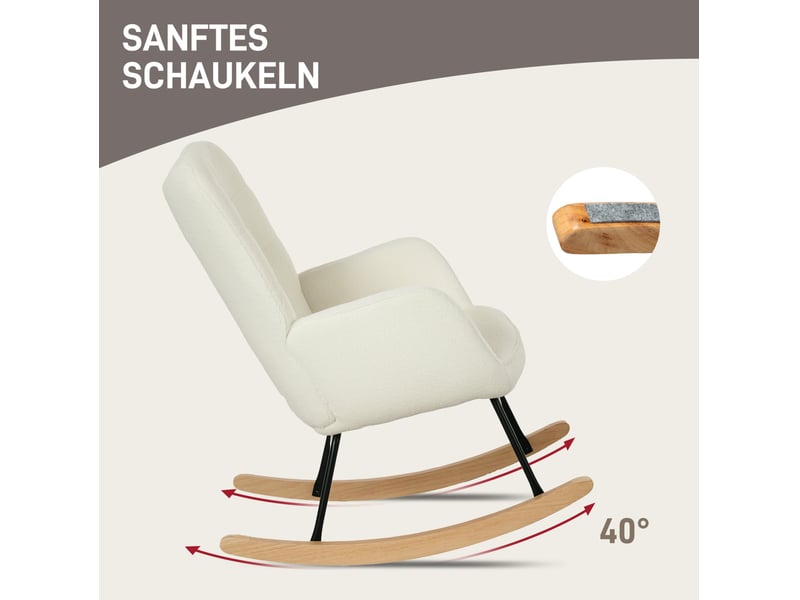 Fauteuil à bascule rembourré avec accoudoirs et dossier haut, en polyester aspect bouclette blanc, 98 × 71 × 101 cm - Conforama E