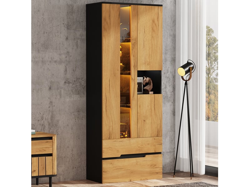  Vitrine 70x35x180 cm mdf coloris bois naturel et noir avec led, 3 portes et 2 tiroirs  - Conforama D