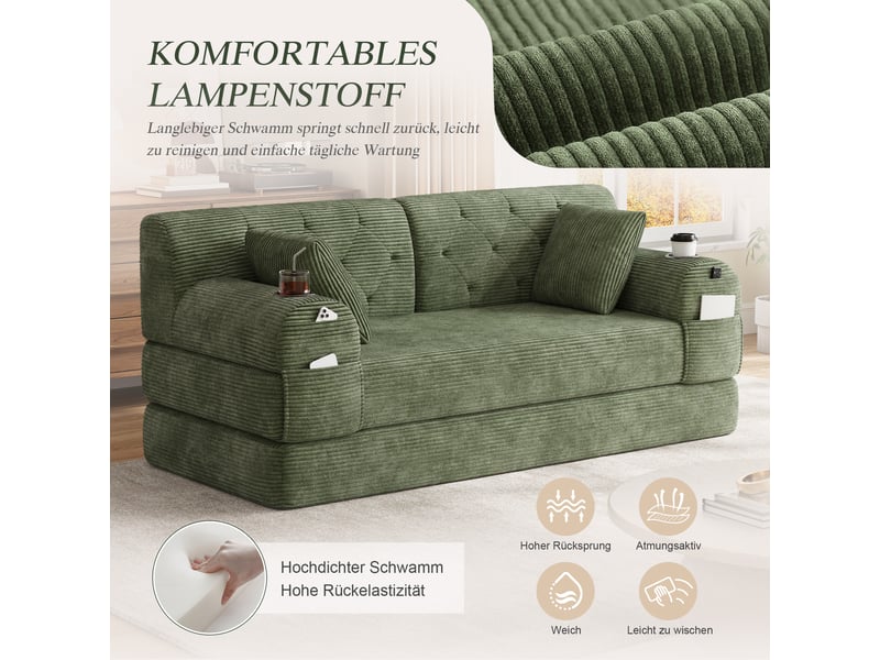  Canapé droit convertible 2 places en velours côtelé vert 168 x 80 x 81 cm, dossier haut, porte-gobelets, poches 168x80x81cm - Conforama D