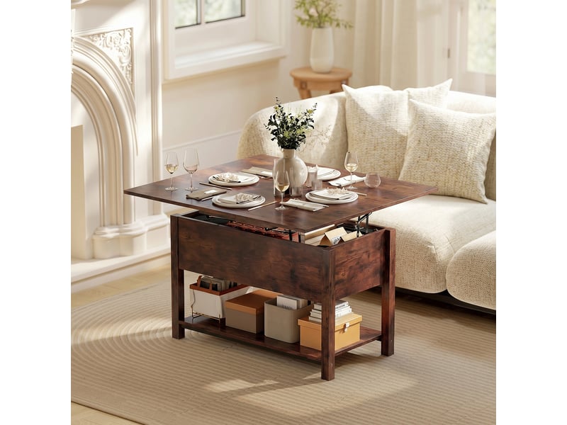  Table basse relevable et extensible table de salon avec compartiment caché étagère ouverte 100x45x50,5cm brun rustique  - Conforama A