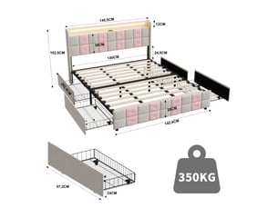 Lit double 140 x 190 cm blanc et rose – velours, tête de lit avec étagère & led, usbtype-c, 4 tiroirs