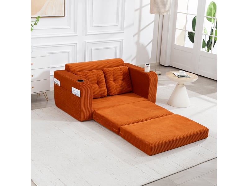 Canapé convertible 2 places en velours côtelé orange 136 cm, canapé lit compact avec assise rembourrée pour petit salon IKSETERA TRADING LTD - Conforama E