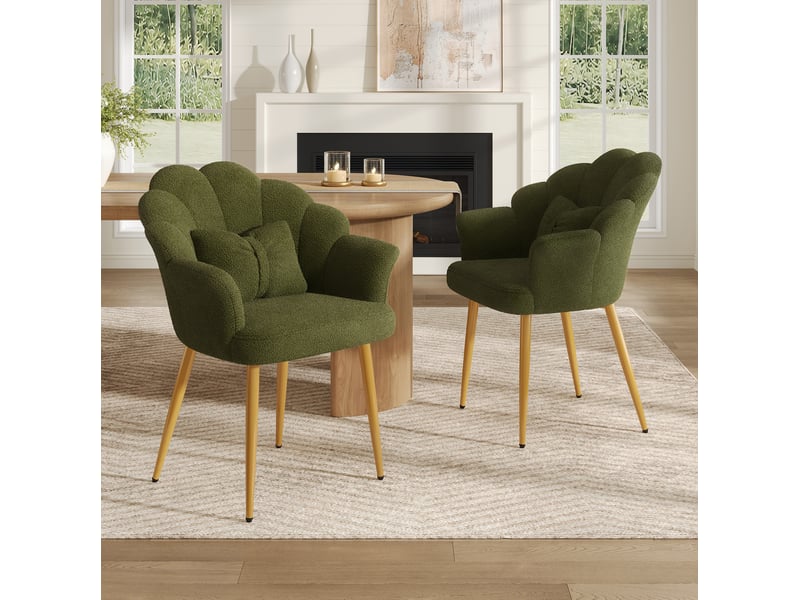  Lot de 2 fauteuils de salle à manger à dossier pétale en tissu teddy vert  - Conforama B