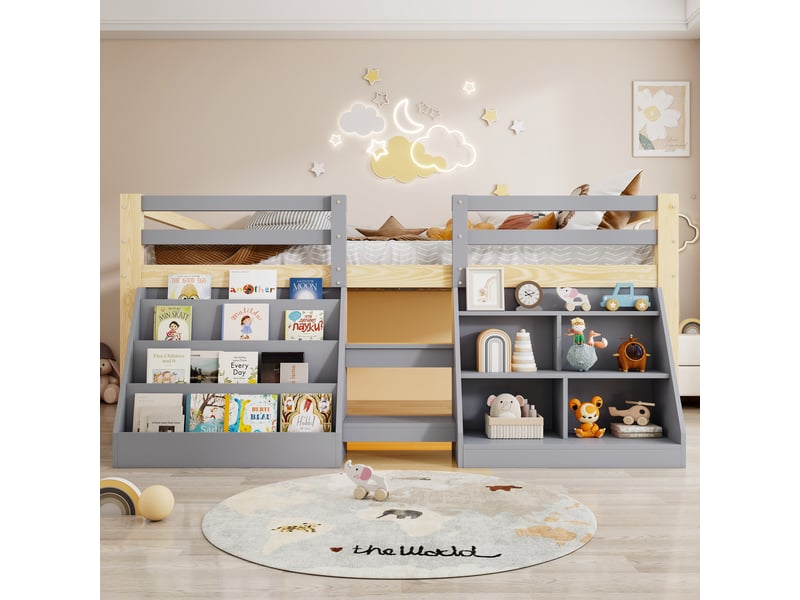 Lit enfant 140 x 200 cm – avec étagères de rangement – avec barrières de sécurité – avec échelle – avec éclairage led – gris (matelas non inclus) - Conforama B