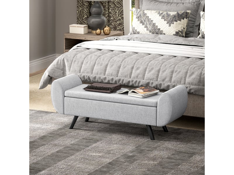  Banc de rangement 53,8l avec siège rembourré en lin et accoudoirs, pour salon, chambre, 132 x 42 x 50 cm, entrée, gris  - Conforama B