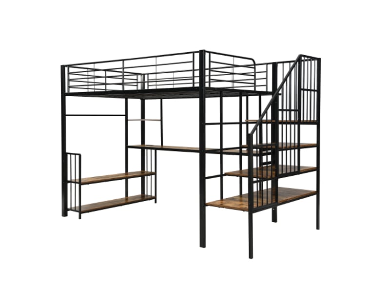 Lit mezzanine 120x200 cm avec échelle de rangement, port de charge, armoire ouverte, sans matelas, cadre de lit en métal, noir et bois foncé - Conforama E