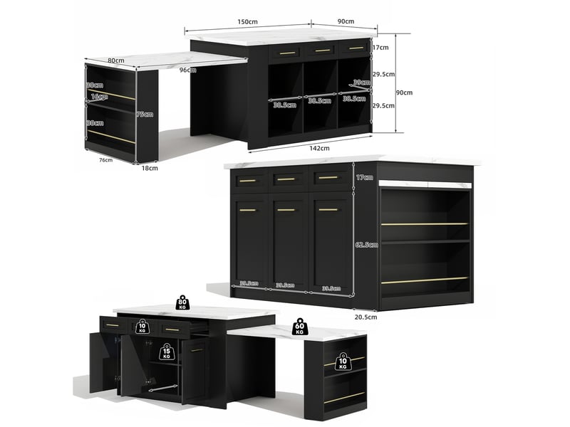  Îlot de cuisine multifonction 150x90x90 cm avec table coulissante, mdf, noir et blanc  - Conforama C