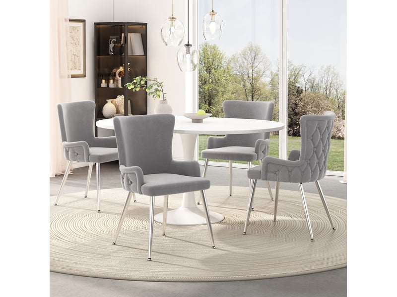  Chaise de salle à manger lot de 6 avec accoudoirs et dossier haut en velours gris avec pieds métalliques argentés  - Conforama D