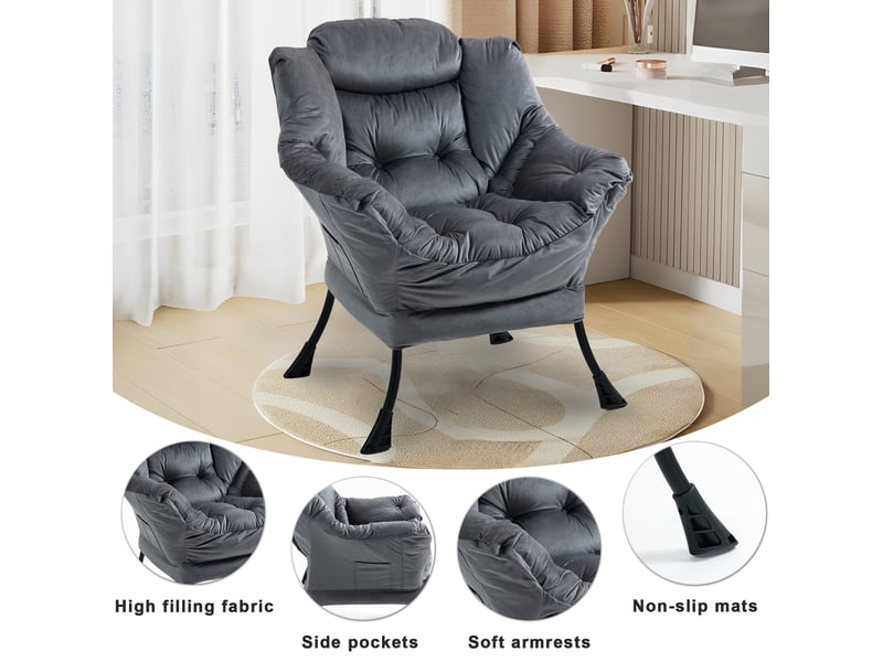  Fauteuil relax avec dossier haut, poche latérale et rembourrage en mousse, structure métallique gris foncé  - Conforama E