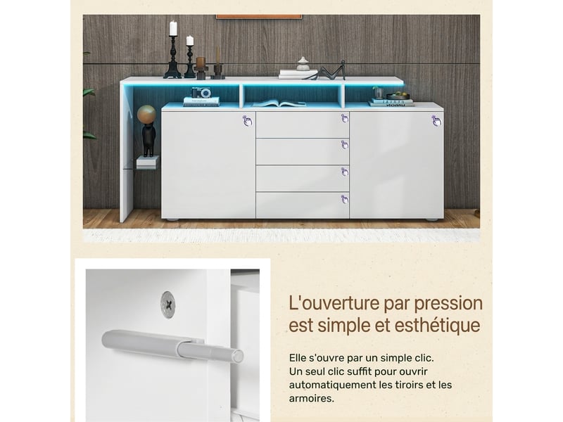  Buffet blanc laqué avec led 160 cm meuble tv 4 tiroirs et 2 portes  - Conforama W