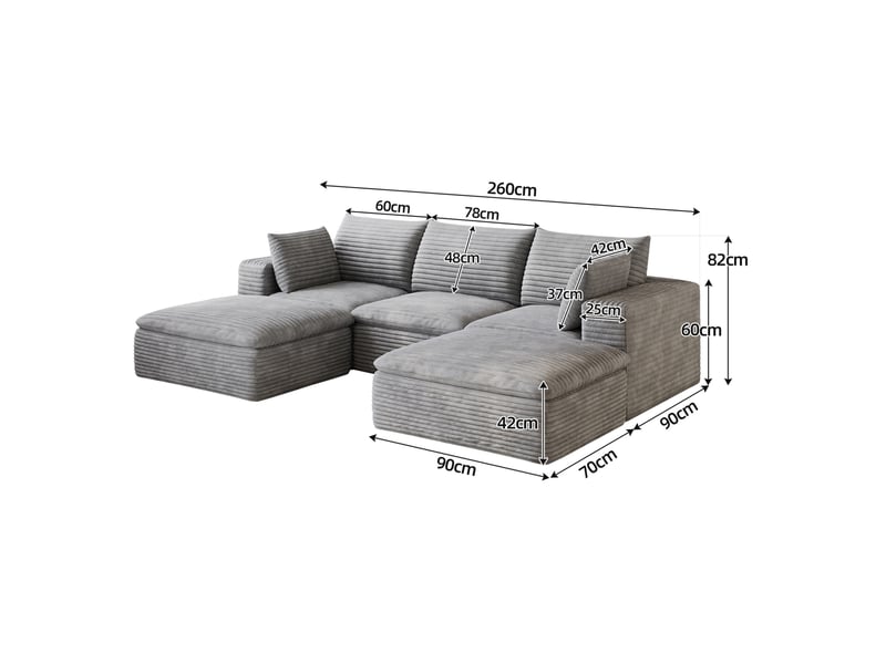  Canapé modulaire tcqpz 5 places 260 x 160 x 82 cm en velours côtelé gris foncé coussins amovibles sans montage  - Conforama C