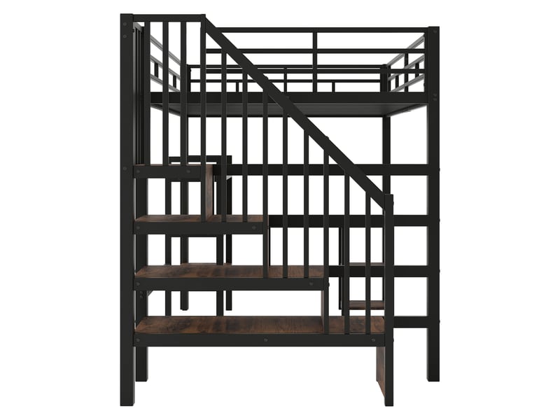  Lit mezzanine 140x200 en métal noir avec bureau intégré, rangements, escalier et led  - Conforama E